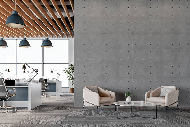 istock Modern Office Interior with concrete dark tile gray wall and Minimalist Lounge Area 2225335186