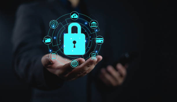 istock Cyber security concept. Provides security to data and privacy in access, protect username and password of social media. Businessman show lock security icon on hand. Internet network data protection 2225335526