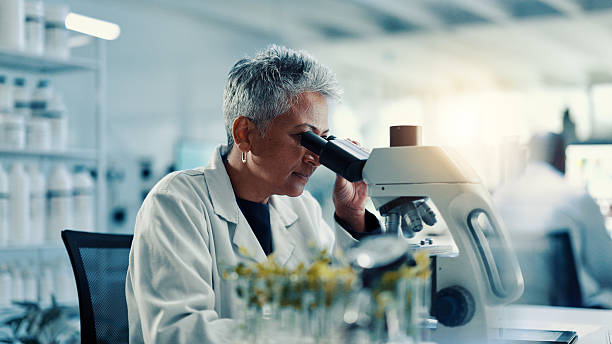 istock Microscope, biology and science with woman in laboratory for gene function, discovery and medical research. Gmo editing, pharmacy innovation and cell regeneration with person for growth and study 2225339070