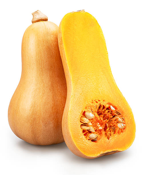 Butternut squash or butternut pumpkin and half of it isolated on white background. File contains clipping path.