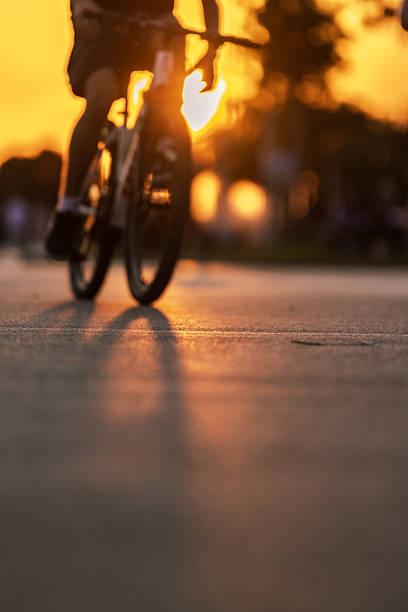 Unrecognizable person is riding bike at public park at sunset.