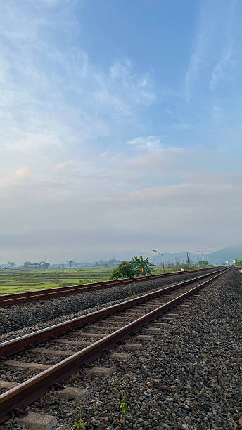 istock A railway track running through vast rice fields with misty morning sky and tropical greenery in a rural countryside setting. 2225341620