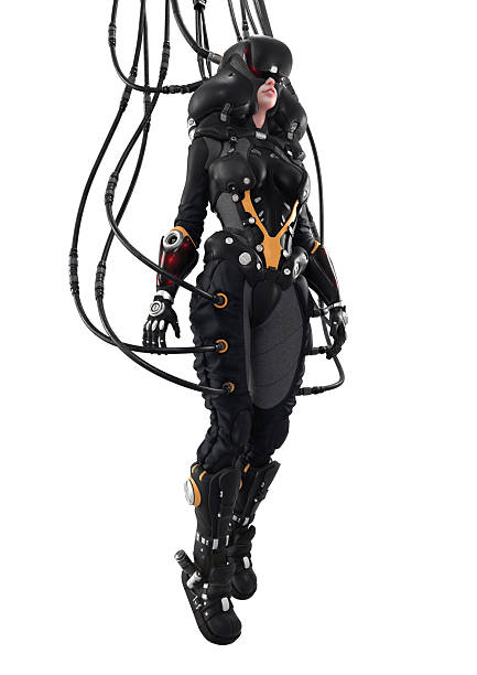 istock 3d render diving deep into virtual reality. Beautiful woman pilot in futuristic VR helmet hovering in air. Many wires connected to a black sci-fi female costume. Cyber technology on white background 2225343718