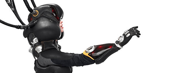 istock 3d render diving deep into virtual reality. Young woman wearing futuristic VR goggles headset with her hands touching the air. Many wires are connected to science fiction helmet on white background. 2225343720