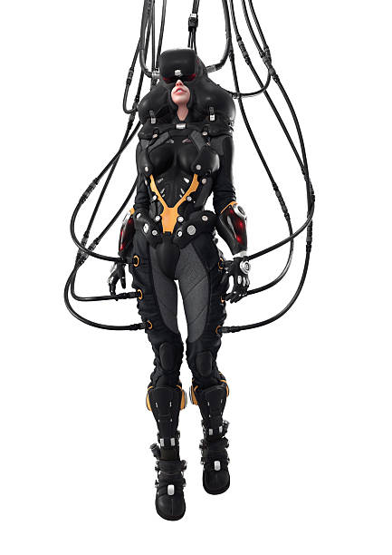 istock 3d render diving deep into virtual reality. Beautiful woman pilot in futuristic VR helmet hovering in air. Many wires connected to a black sci-fi female costume. Cyber technology on white background 2225343721