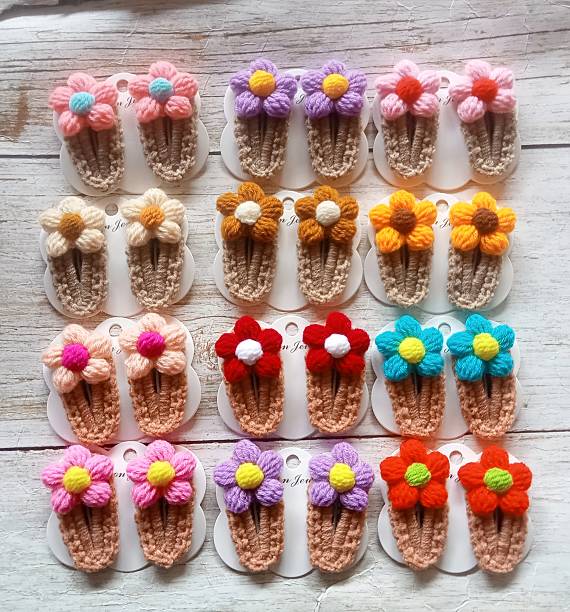 Handmade crochet hair clips for decoration, illustration, background texture