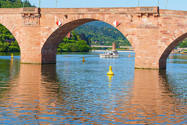 Heidelberg, Germany - June 21, 2025: View of the Old Bridge in Heidelberg spanning the Neckar River, with a boat and vibrant reflections.