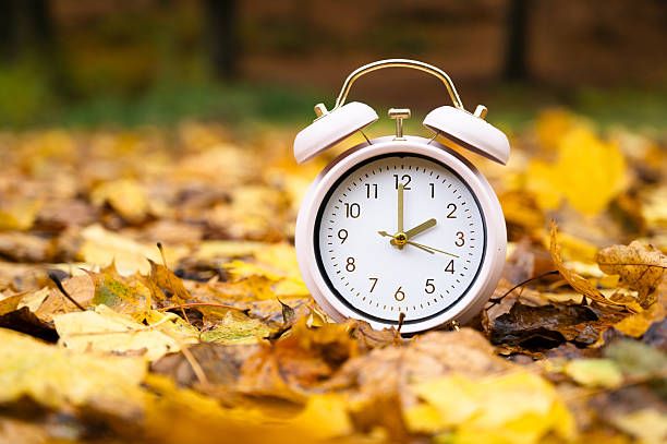 istock Winter time changeover, end of daylight saving time in autumn, alarm clock fall back switch, forest with colorful foliage 2225351445