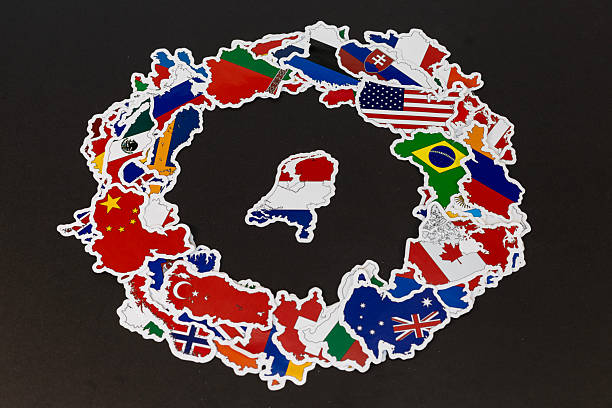 istock Netherlands Map Surrounded by World Countries in Flag Stickers on Black Background 2225351906