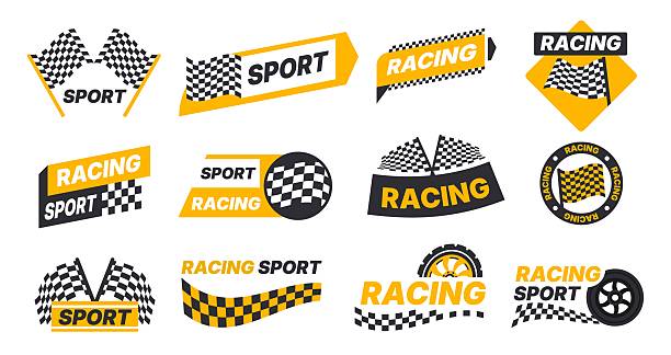 Racing checker sign. Speed car sport check sticker, checkered border stripe rally automobile badge flat cartoon style. Vector checking finish race logos set.