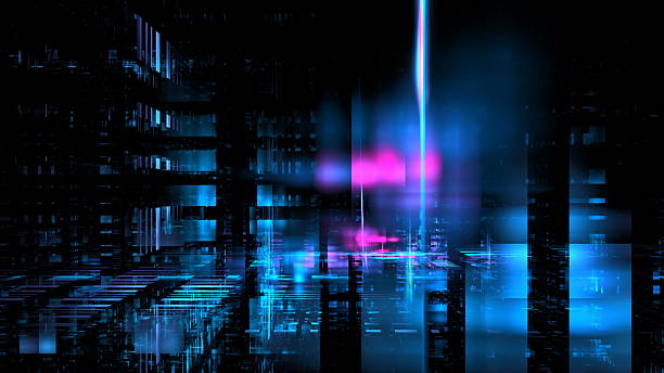 istock Vibrant abstract artwork showcases a digital cityscape illuminated by bright blue and pink lights against a dark background, creating a striking, futuristic atmosphere. 3d render 2225358993
