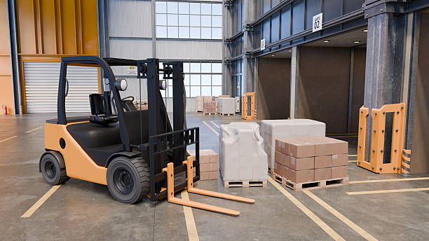 istock A forklift is positioned in a spacious warehouse, ready to move pallets of materials. Stacks of boxes and blocks are organized on the floor, indicating an active loading area during daytime. 3d render 2225359033