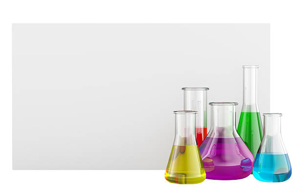 Laboratory flasks full of colorful liquids with blank card. 3D rendering isolated on white background
