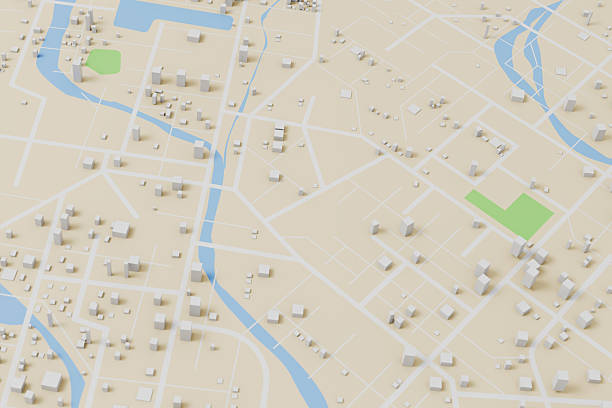 3D rendering city map illustration of a city map created using 3D modeling. Top view of Urban map with main road and sub road detailed representation of a city