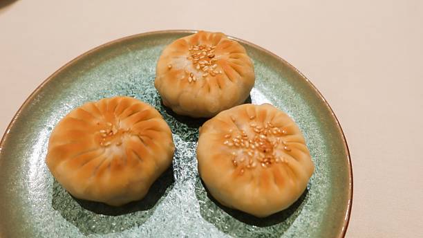 Chinese dim sum pan fried mini pancake bun filled with minced mutton meat on a plate with copy space