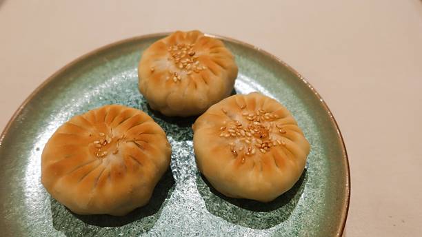 Chinese dim sum pan fried mini pancake bun filled with minced mutton meat on a plate with copy space
