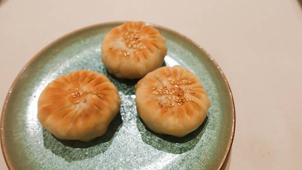 Chinese dim sum pan fried mini pancake bun filled with minced mutton meat on a plate with copy space