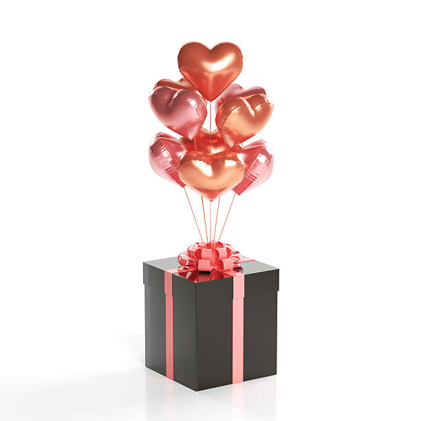Gift Box And Heart Shape Balloons On White