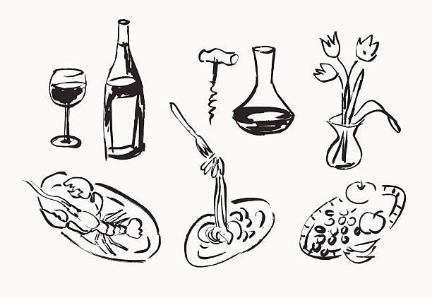 bildbanksillustrationer, clip art samt tecknat material och ikoner med wine party line art drawings - vin