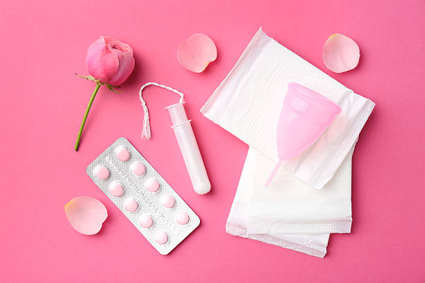 istock Flat lay composition with menstrual products on pink background 2225401251