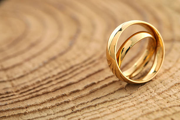 istock Beautiful golden wedding rings on tree stump, closeup. Space for text 2225402103