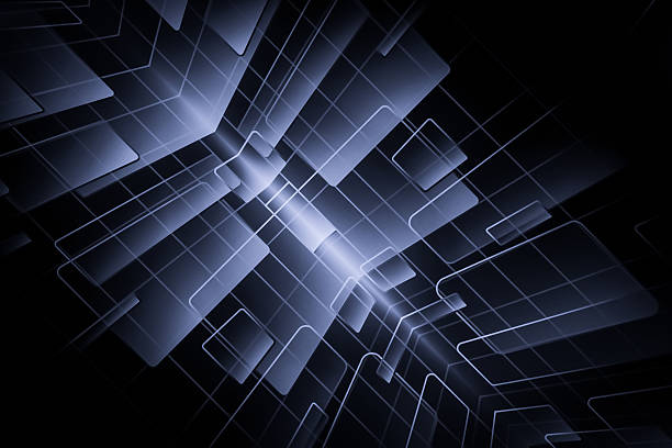 Dark technological background with glowing grid lines, abstract shapes, and futuristic digital patterns perfect for data concepts