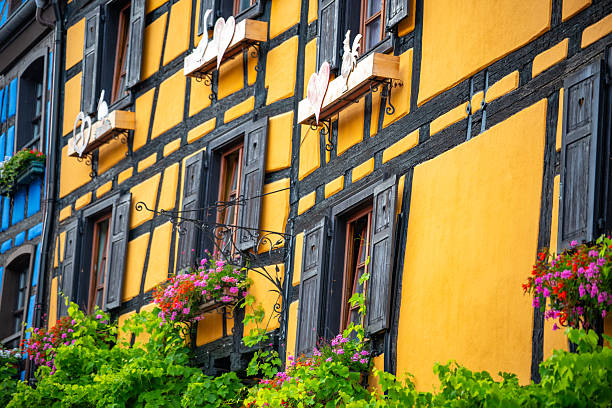 Beautiful colorful half timbered house of the village of Riquewihr in Alsace France