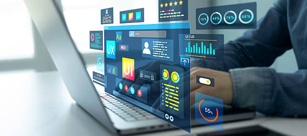 istock Holographic UIUX, display icons of UX-UI designer, creative planning, data visualization. Web design, application design,coding develop. UX-UI design web and user design development 2225412054