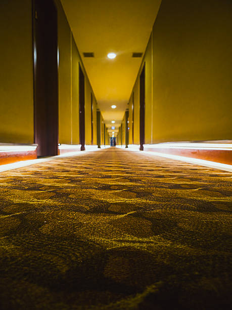 Symmetrical view of a long, empty hotel corridor with patterned carpet and warm ceiling lights. A conceptual interior shot perfect for themes of travel, solitude, architecture, or time.