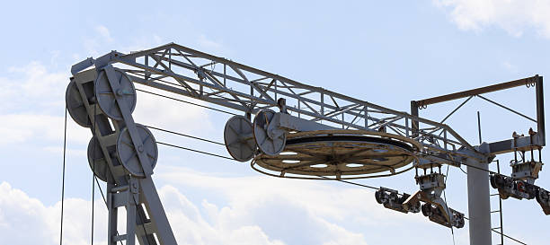A complex metal structure of a cable car with numerous wheels and cables stretching under the open sky. Details of the mechanism are visible, creating an impression of reliability and functionality.