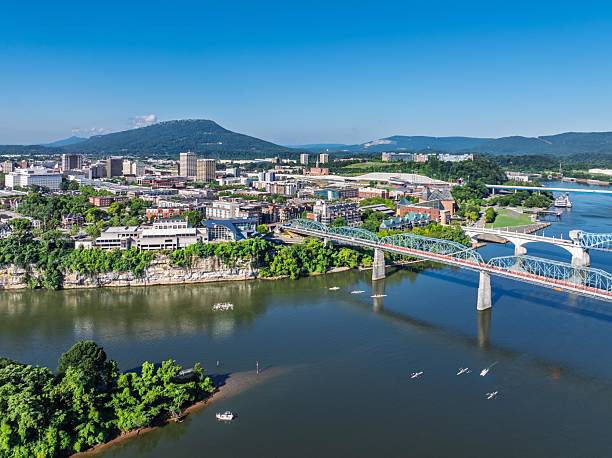 Chattanooga Cityscape Aerial with Rowing Crews on River