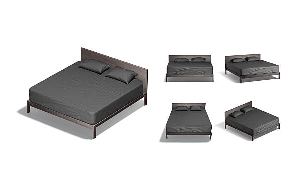 istock Blank wooden double bed with black bedding mockup, different views 2225423824