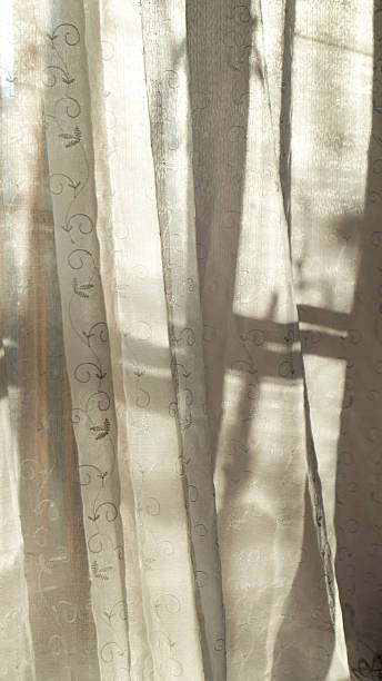 istock White transparent curtains. Sunlight falls on the white sheer curtains. Sunlight on white fabric 2225424747