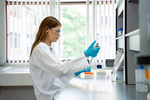 Caucasian female scientist in a white lab coat and protective eyewear working with a micropipette in a sterile laboratory environment. She is transferring liquid samples into a microplate, performing precise pipetting techniques, with scientific equipment on the lab bench.