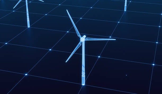 istock Wind turbines, hologram, blueprint, grid map. 2225429095