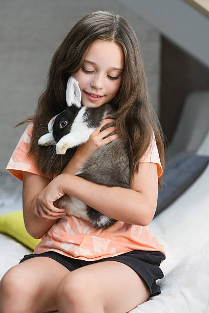istock Smiling girl hugging black and white rabbit indoors. 2225429234