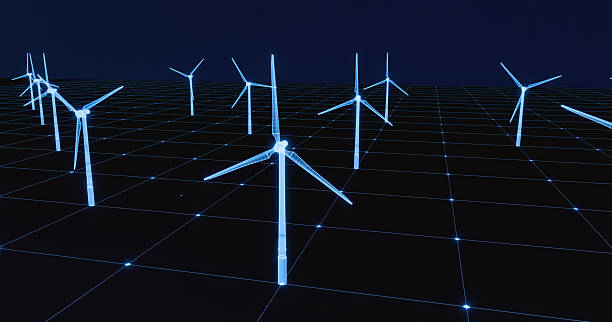 istock Wind turbines, hologram, blueprint, grid map. 2225429325