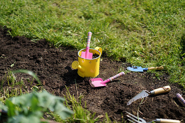 istock Colorful Gardening Tools on Freshly Dug Soil in a Backyard Garden 2225436223