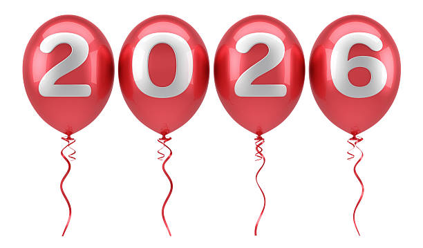 istock Red balloons with white 2026 numerals, celebrating the new year 2225442820