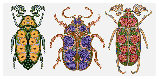Stylized decorative illustration of a beetle with intricate floral patterns in Art Nouveau style, inspired by nature.