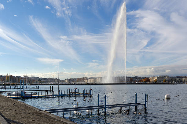 The Jet d'Eau (Water-Jet) is a large fountain in Geneva, Switzerland and is one of the city's most famous landmarks.\nFive hundred litres of water per second are jetted to an altitude of 140 m by 2 pumps.
