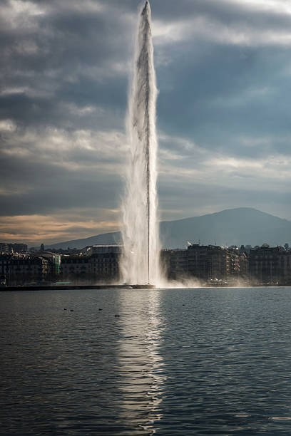 The Jet d'Eau (Water-Jet) is a large fountain in Geneva, Switzerland and is one of the city's most famous landmarks.\nFive hundred litres of water per second are jetted to an altitude of 140 m by 2 pumps.