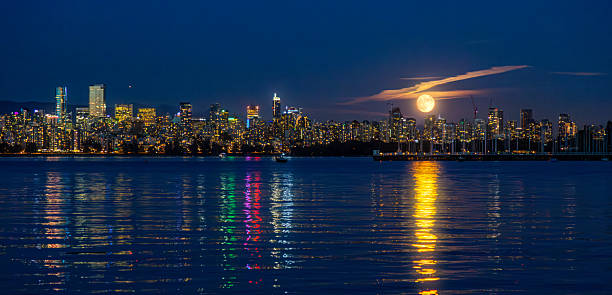 istock Downtown Vancouver Nightscape with Full Moon and Water Reflections 2225469569