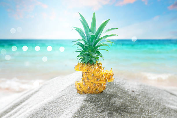 Pineapple slices on a beautiful sandy beach with an ocean view and a blue sky. Natural background. Summer concept