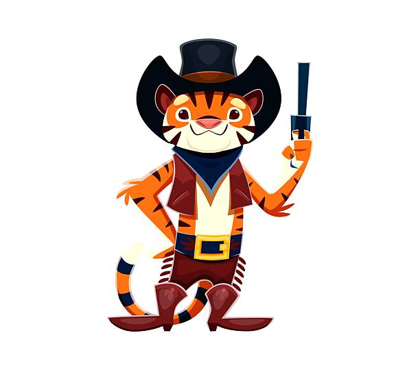 istock Cartoon tiger cowboy, Wild West animal with gun 2225475132