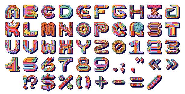 Groovy font, hippie funky typeface, retro letters type, english alphabet vector typography set. Groovy font abc letters and numbers with psychedelic geometric shapes pattern, hippie rainbow, flowers