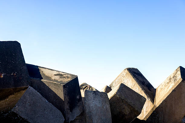 Closeup old concrete blocks, abstract background with copy space, full frame horizontal composition