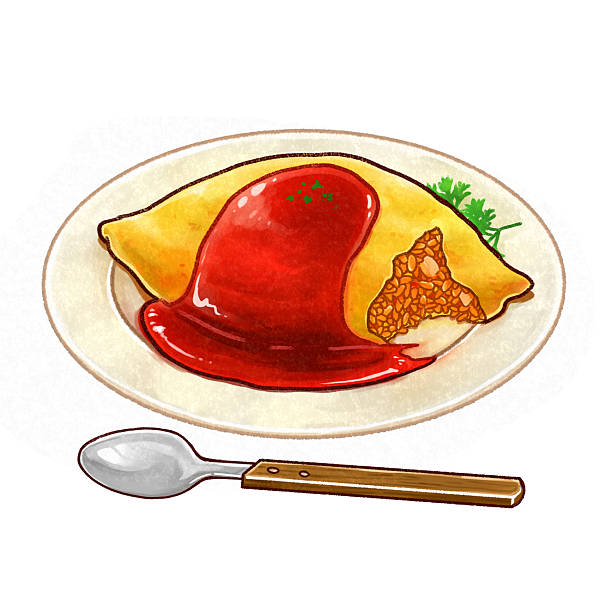 A hand-drawn illustration of a half-eaten omelet rice and a spoon.