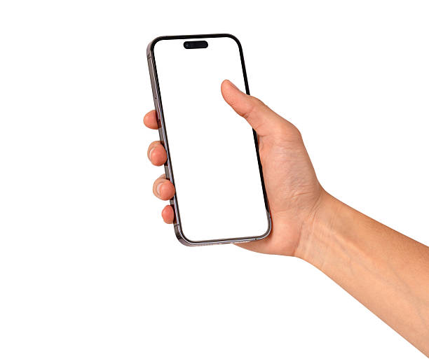 istock Hand showing smartphone with blank screen isolated on white background. High quality studio shot. Concept for technology, business, finance and advertising. 2225492117