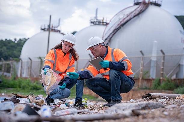 istock Environmental engineer or workers examining waste water along a  large industrial waste water or pollution monitoring and maintenance to ensure systems operate effective environmental regulations. 2225493932
